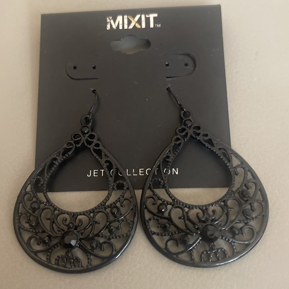 Mixit Metal Hook‎ Silver Dangle Earrings Black